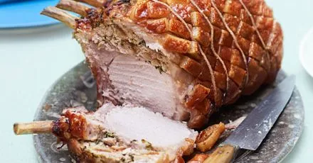 Roast rack of pork with wild garlic stuffing