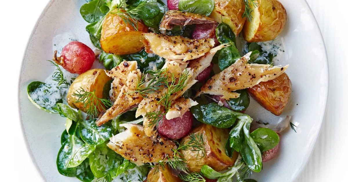 Roast radish, new potato & peppered mackerel salad