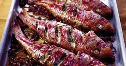 Roast red mullet with tarragon & pancetta