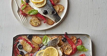 Roast sea bass & vegetable traybake