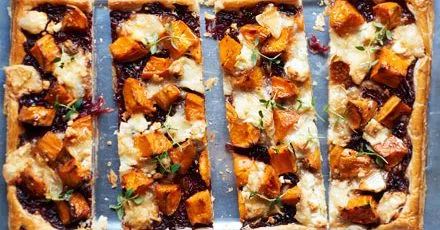 Roast sweet potato & onion tart with goat’s cheese