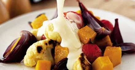Roast winter veg with fondue sauce