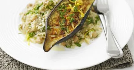 Roasted aubergine with bulgur & zesty dressing