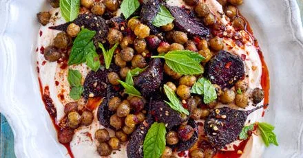 Roasted beetroot with za’atar, chickpeas & harissa yogurt