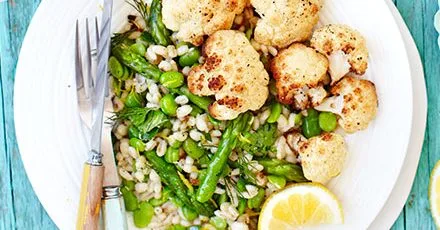 Roasted cauliflower with spring veg & barley salad