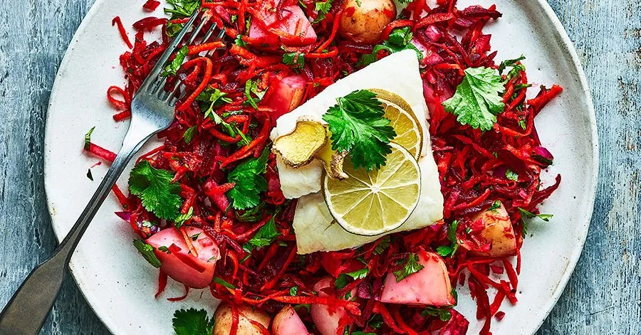 Roasted cod with zingy beetroot salad
