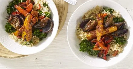Roasted harissa vegetables with kale & ginger pilaf