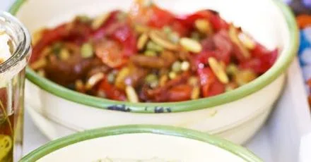 Roasted pepper salad with capers & pine nuts