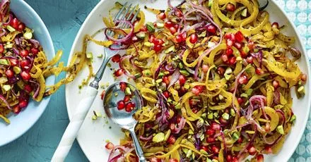 Vegan squash, onion and pistachio salad