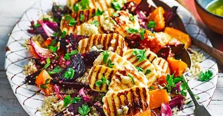Roasted vegetable quinoa salad with griddled halloumi