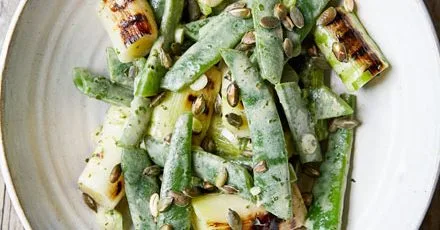 Runner beans & charred leeks with vinaigrette