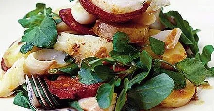 Salad of smoked haddock with chorizo and poached egg