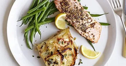 Salmon with celeriac gratin & green beans