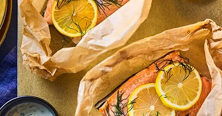 Salmon en papillote with dill creme fraiche
