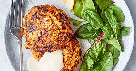 Salmon, sweet potato & coriander fishcakes with tahini dressing