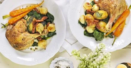 Salt duck with spinach, potatoes & bacon