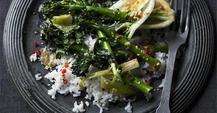Saucy Japanese greens with sticky sesame rice