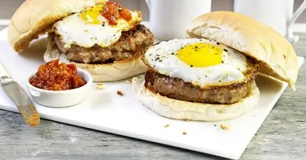 Sausage & egg baps with spicy tomato sauce