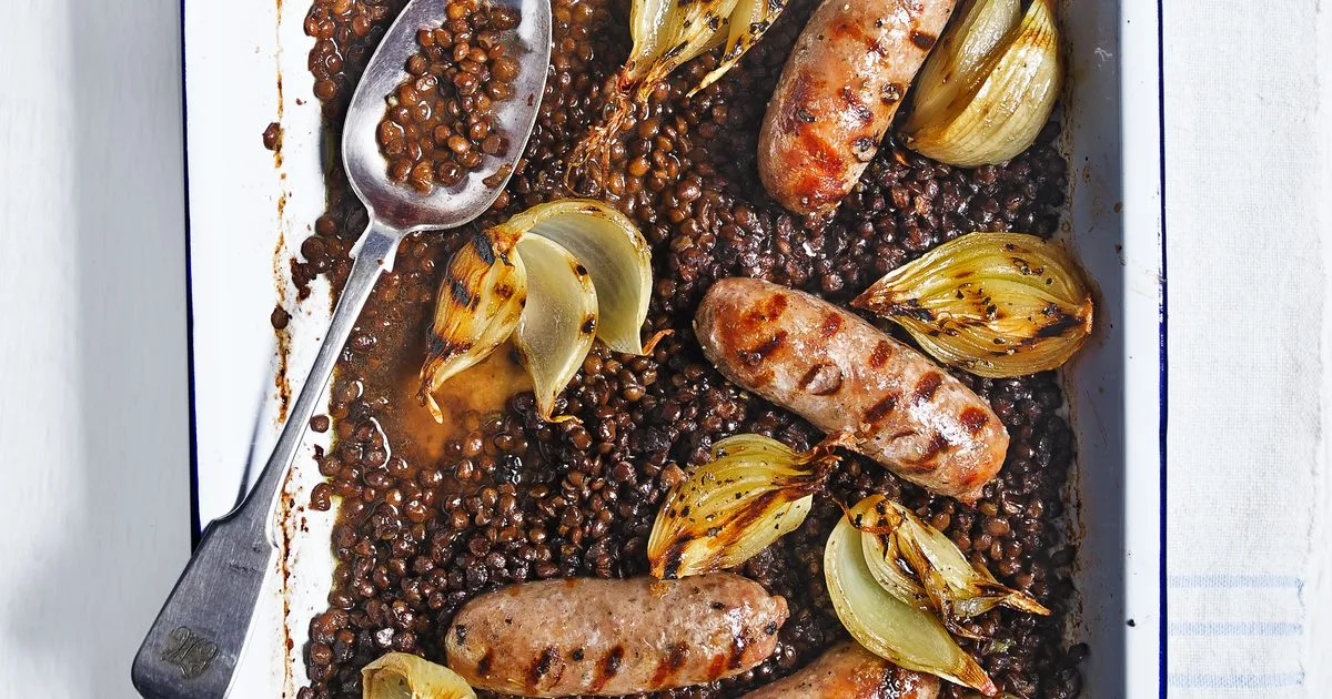 Sausage & lentil traybake