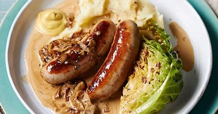 Sausages with braised cabbage & caraway