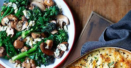 Sautéed sprouting broccoli with mushrooms & stilton