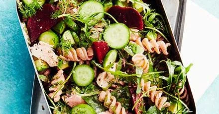 Scandi beetroot & salmon pasta