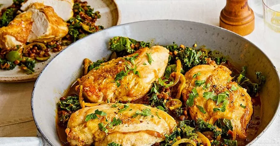 Schmaltzy lentils with chicken, olives & lemon