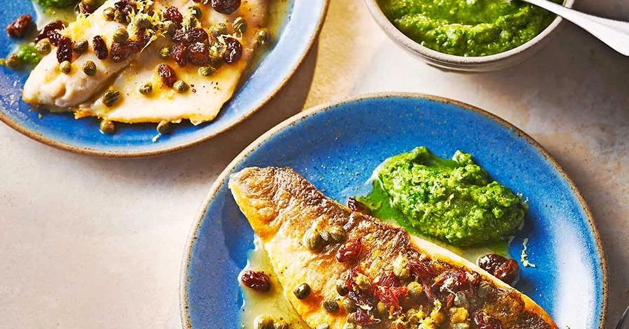 Sea bass with kale pesto & sultana salsa
