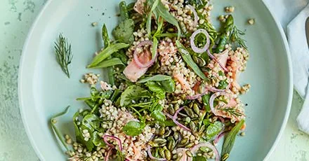 Sea trout & buckwheat salad with watercress & asparagus