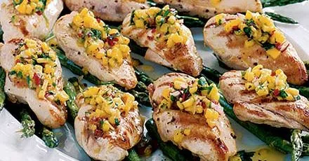 Seared chicken & asparagus with mango salsa
