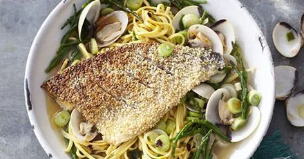 Sesame-crusted fish with samphire & clams