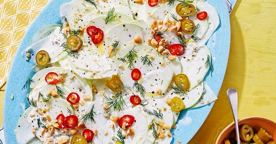 Shaved kohlrabi salad with pickled jalapeño dressing
