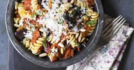 Sicilian aubergine, pine nut & raisin fusilli