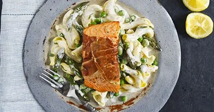 Simple salmon with spring pasta