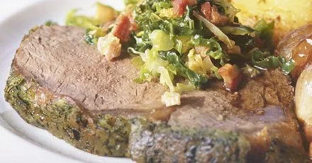 Sirloin with herby mustard crust & shallot gravy