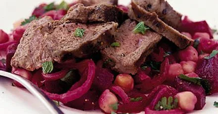 Sizzled lamb steaks with warm beetroot salad
