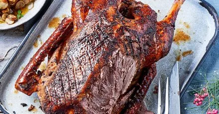 Slow-cooked goose with cranberry salsa