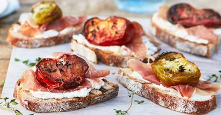 Slow-roast tomato, ricotta & prosciutto bruschetta
