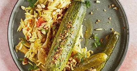 Slow-roasted courgettes with fennel & orzo