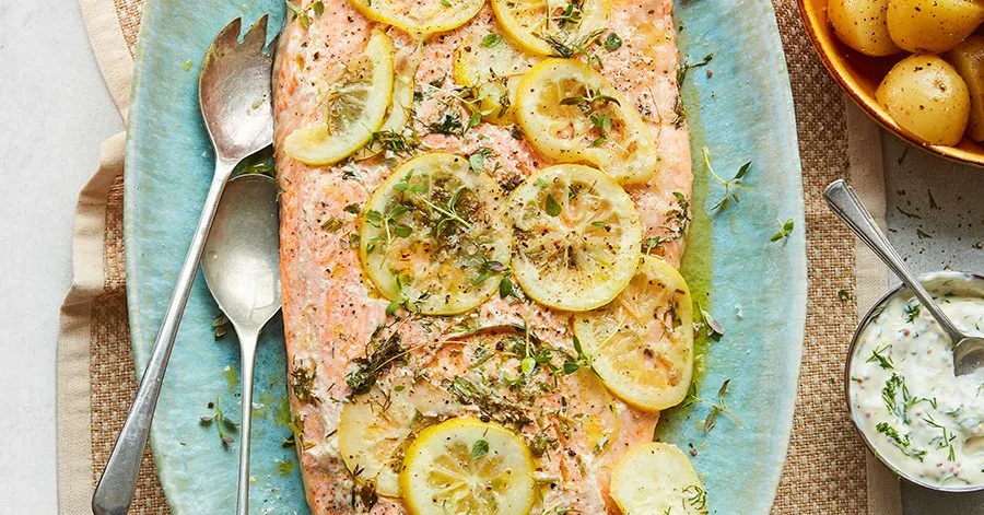 Slow-roasted salmon with potato salad & dill & mustard mayonnaise