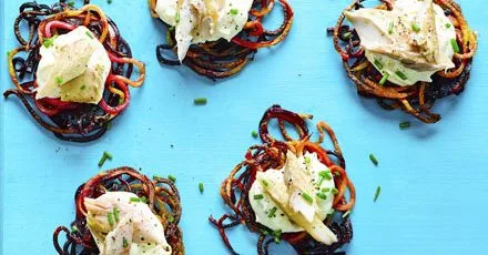 Smoked mackerel & horseradish on baked beetroot rostis