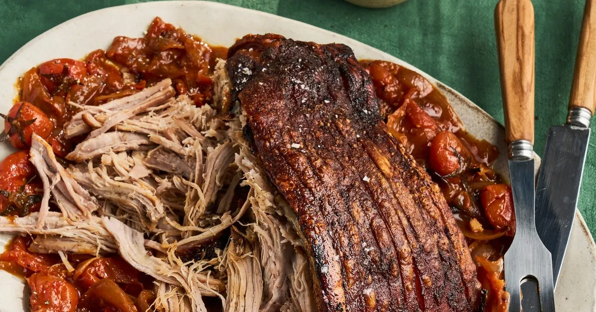 Smoked paprika & fennel dry rub pork shoulder with roasted tomatoes