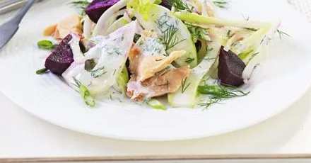 Smoked trout salad with fennel, apple & beetroot