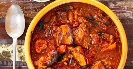 Smoky aubergine tagine with lemon & apricots
