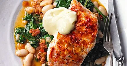 Smoky hake, beans & greens