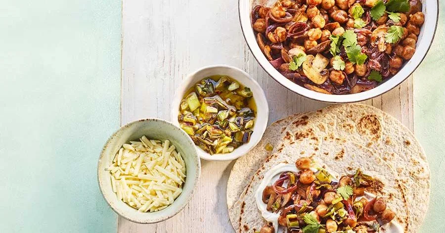 Smoky mushroom & chickpea fajitas with charred spring onion salsa