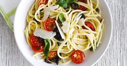 Spaghetti with cherry tomato & black olive sauce