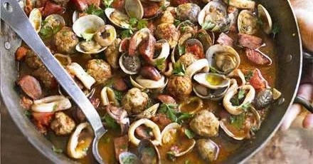 Spanish meatballs with clams, chorizo & squid