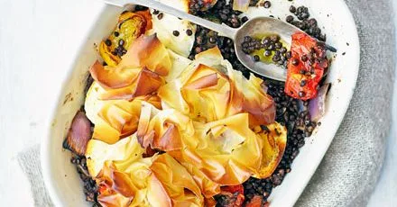 Speedy goat's cheese & lentil filo pie