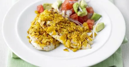 Spice-crunch chicken with guacamole salad & tortillas